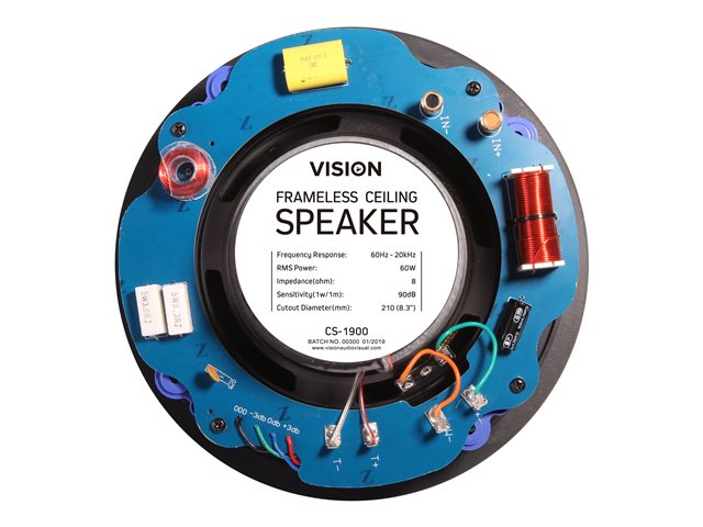 VISION Professional Pair 6.5\" Ceiling Speakers - LIFETIME WARRANTY - 60 Watt power handling - 2-way - magnetic grille - Kevlar woofer and 0.75\" Titanium tweeter, cutout diameter: 210 mm (8.3\"), depth: 87 mm (3.6\"), outer diameter: 227 mm (9\") - white