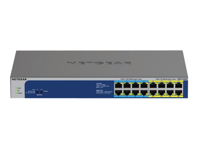 NETGEAR GS516UP - Switch - unmanaged - 8 x 10/100/1000 (PoE+) + 8 x 10/100/1000 (PoE++) - desktop, rack-mountable - PoE++ (380 W)