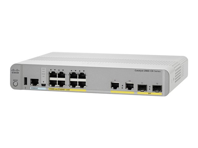 Cisco Catalyst 2960CX-8PC-L - Switch - Managed - 8 x 10/100/1000 (PoE+) + 2 x SFP + 2 x 10/100/1000 - desktop, rack-mountable, DIN rail mountable, wall-mountable - PoE+ (124 W) - refurbished