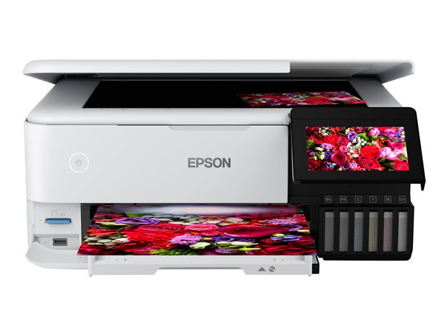 Epson EcoTank ET-8500 - Multifunction printer - colour - ink-jet - refillable - A4/Letter (media) - up to 16 ppm (printing) - USB, LAN, Wi-Fi(ac), USB host - white