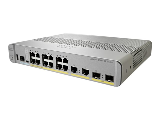 Cisco Catalyst 3560CX-12PC-S - Switch - Managed - 12 x 10/100/1000 (PoE+) + 2 x combo Gigabit SFP - desktop, rack-mountable, DIN rail mountable, wall-mountable - PoE+ (240 W) - refurbished