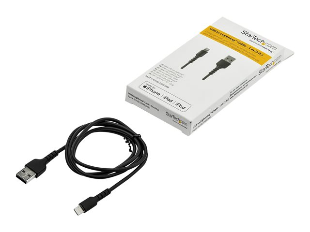 StarTech.com 3 ft(1m) Durable Black USB-A to Lightning Cable, Heavy Duty Rugged Aramid Fiber USB Type A to Lightning Charger/Sync Power Cord, Apple MFi Certified iPad/iPhone 12 Pro Max - iPhone 7/8/11/11 Pro - Lightning cable - USB male straight to Lightning male straight - 1 m - double shielded - black