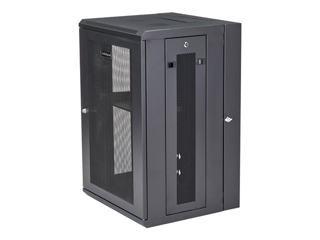 StarTech.com 18U 19\" Wall Mount Network Cabinet, 16\" Deep Hinged Locking IT Network Switch Depth Enclosure, Assembled Vented Computer Equipment Data Rack with Shelf & Flexible Side Panels - 18U Vented Cabinet (RK1820WALHM) - Rack enclosure cabinet - wall mountable - black - 18U