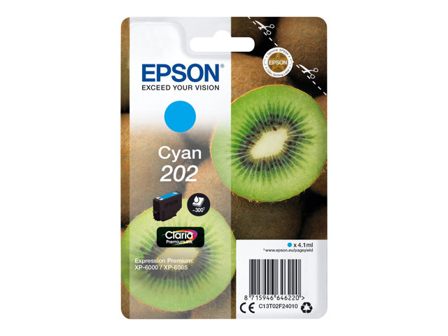 Epson 202 - 4.1 ml - cyan - original - blister - ink cartridge - for Expression Home XP-202, Expression Premium XP-6000, XP-6005, XP-6100, XP-6105