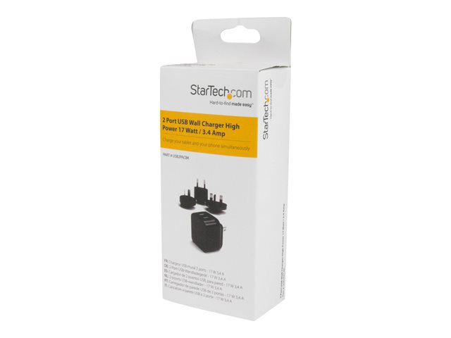 StarTech.com Travel USB Wall Charger - 2 Port - Black - Universal Travel Adapter - International Power Adapter - USB Charger (USB2PACBK) - Power adapter - 17 Watt - 3.4 A - 2 output connectors (USB) - black - for P/N: USBLT1MWS, USBLT2MBR, USBLT2MW, USBLT30CMW, USBLTM1MBK, USBLTM1MWH, VID2VGATV3