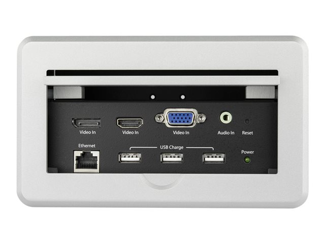 StarTech.com Conference Table Connectivity Pop up Box with AV and Data Ports - HDMI, VGA, DisplayPort to 4K HDMI Output (BOX4HDECP2) - Mounting plate - HDMI, HD-15, mini-phone stereo 3.5 mm, RJ-45, USB Type A, DisplayPort - silver