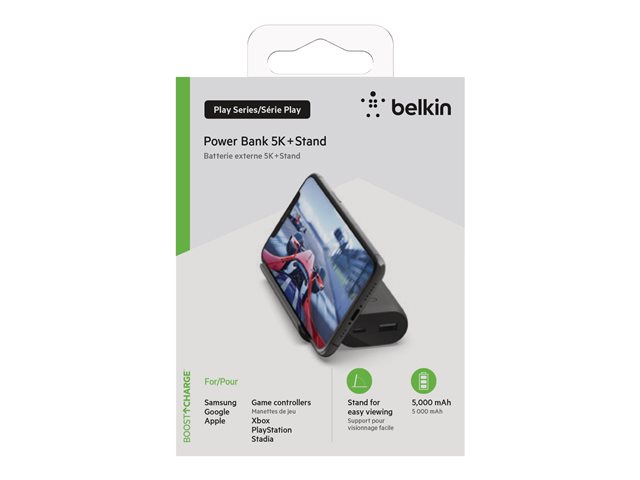 Belkin BoostCharge - Play Series - power bank - 5000 mAh - 12 Watt - 2 output connectors (USB, 24 pin USB-C) - on cable: USB-C - black
