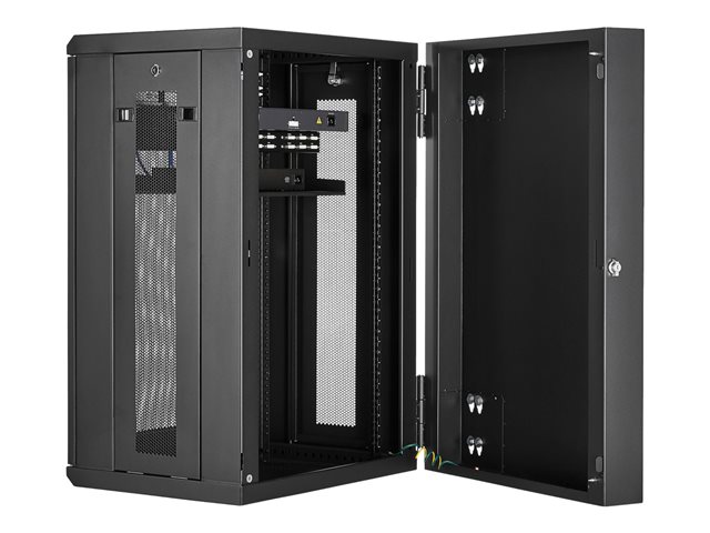 StarTech.com 18U 19\" Wall Mount Network Cabinet, 16\" Deep Hinged Locking IT Network Switch Depth Enclosure, Assembled Vented Computer Equipment Data Rack with Shelf & Flexible Side Panels - 18U Vented Cabinet (RK1820WALHM) - Rack enclosure cabinet - wall mountable - black - 18U
