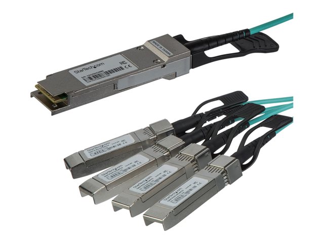 StarTech.com AOC Breakout Cable for Cisco QSFP-4X10G-AOC3M, 3m/9.84ft 40G 1x QSFP+ to 4x SFP+ AOC Cable, 40GbE / 40Gbps QSFP Plus Transceiver Module Active Optical Fiber, C9300 C3850, - Lifetime Warranty (QSFP4X10GAO3) - Breakout cable - QSFP+ latched to SFP+ latched - 3 m - fibre optic - SFF-8431/SFF-8432/SFF-8436 - active - black