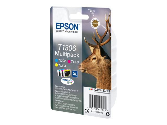 Epson T1306 Multipack - 3-pack - 30.3 ml - XL - yellow, cyan, magenta - original - ink cartridge - for Stylus Office BX630, BX635, BX935, WorkForce WF-3010, 3520, 3530, 3540, 7015, 7515, 7525