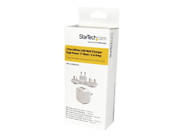 StarTech.com Dual Port USB Wall Charger 17W/3.4A - Travel Charger 110V/220V - Power adapter - 17 Watt - 3.4 A - 2 output connectors (USB) - white - for P/N: USBLT1MWS, USBLT2MBR, USBLT2MW, USBLT30CMW, USBLTM1MBK, USBLTM1MWH, VID2VGATV3