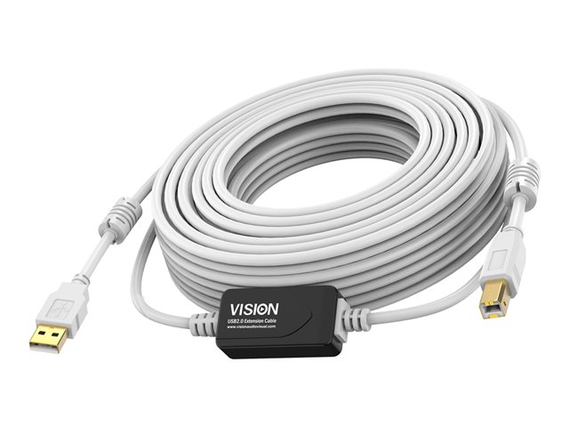 VISION Professional installation-grade USB 2.0 active cable - LIFETIME WARRANTY - in-line booster half way along cable - gold plated connectors - ferrite cores both ends - bandwidth 480mbit/s - USB-A (M) to USB-B (M) - diameter 4.8 mm - 28+24 AWG - 10 m - white