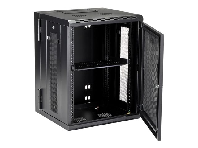 StarTech.com 15U 19\" Wall Mount Network Cabinet, 16\" Deep Hinged Locking IT Network Switch Depth Enclosure, Assembled Vented Computer Equipment Data Rack with Shelf & Flexible Side Panels - 15U Vented Cabinet - Rack cabinet - 4-post - wall mountable - black - 15U - 16\"