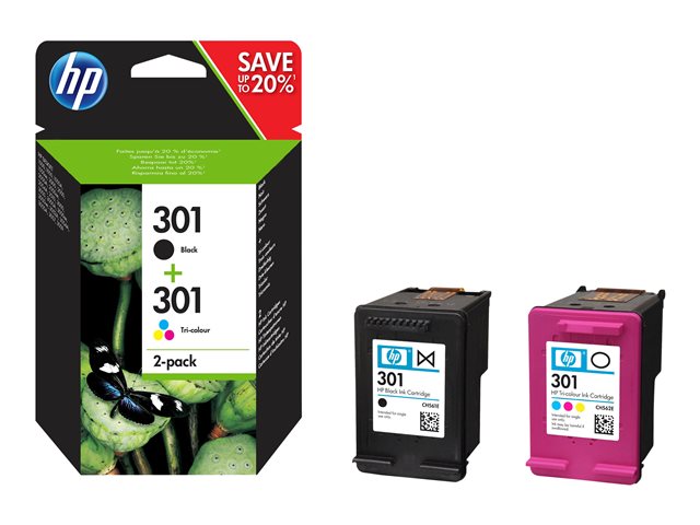 HP 301 - 2-pack - black, colour (cyan, magenta, yellow) - original - blister - ink cartridge - for Deskjet 1050A J410, 1051A J410, 10XX, 10XX J410, 15XX, 2000, 2050 J510, 2050A J510, 2054A J510, 25XX, 3000, 3050 J610, 3050A J611, 3052A J611, 3054A J6