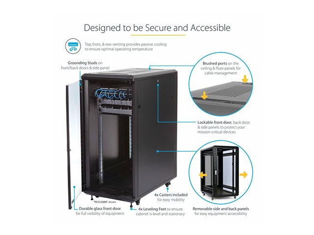 StarTech.com 25U Network Rack Cabinet on Wheels - 36in Deep - Portable 19in 4 Post Network Rack Enclosure for Data & IT Computer Equipment w/ Casters (RK2536BKF) - Rack - 25U