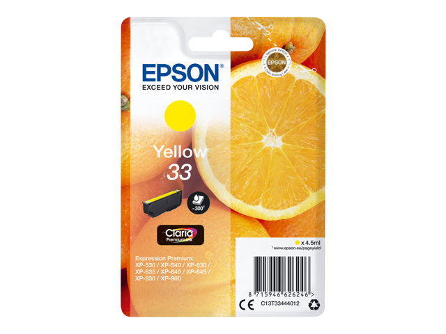 Epson 33 - 4.5 ml - yellow - original - blister with RF/acoustic alarm - ink cartridge - for Expression Home XP-635, 830, Expression Premium XP-530, 540, 630, 635, 640, 645, 830, 900