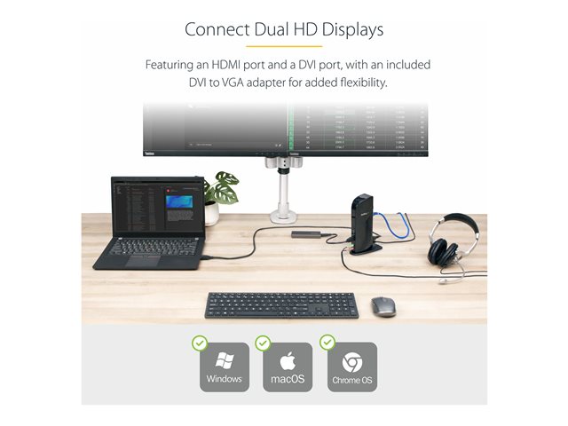 StarTech.com Dual Monitor USB 3.0 Laptop Docking Station with HDMI/DVI/VGA & 6xUSB Ports - Universal USB Dock for Mac & Windows - Black (USB3SDOCKHD) - Docking station - USB - 1GbE - for P/N: ARMBARDUO, ARMBARDUOV, ARMDUAL, ARMDUAL30, ARMDUALV, ARMSLIMDUO, SVA5M4NEUA, TB33A1C