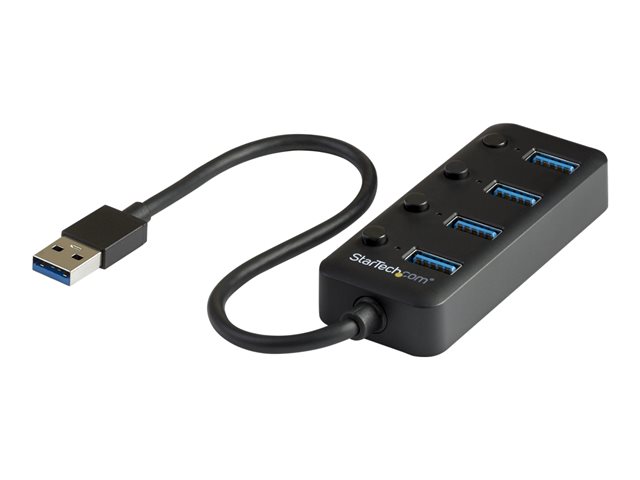 StarTech.com 4 Port USB 3.0 Hub, USB-A to 4x USB 3.0 Type-A with Individual On/Off Port Switches, SuperSpeed 5Gbps USB 3.1/USB 3.2 Gen 1, USB Bus Powered, Portable, 9.8\" Attached Cable - Windows/macOS/Linux (HB30A4AIB) - Hub - 4 x USB 3.1 Gen 1 - desktop - for P/N: HB30C4AIB