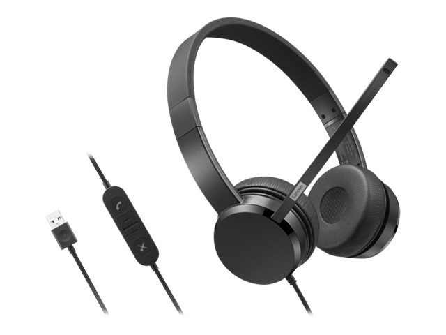 Lenovo - Headset - on-ear - wired - USB-A - black - CRU - for ThinkCentre M60q Chromebox, M70t Gen 3, ThinkCentre neo 70, ThinkPad E14 Gen 3