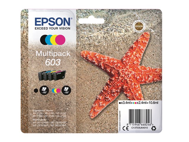 Epson 603 Multipack - 4-pack - black, yellow, cyan, magenta - original - blister with RF/acoustic alarm - ink cartridge - for Expression Home XP-2100, 2105, 3100, 3105, 4100, 4105, WorkForce WF-2810, 2830, 2835, 2850