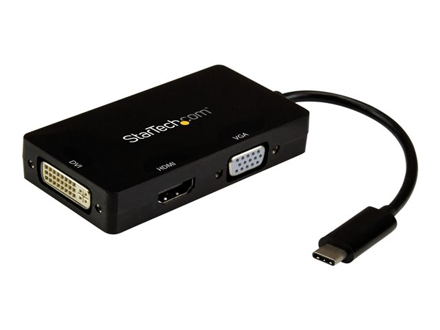 StarTech.com 4K USB C to HDMI, VGA & DVI Multi Port Video Display Adapter for Mac / Windows Laptop & Monitor (CDPVGDVHDBP) - Adapter - 24 pin USB-C male to HD-15 (VGA), DVI-I, HDMI female - 15 cm - black - active converter, 4K30Hz (3840 x 2160) support (HDMI), 1920 x 1200 (WUXGA) support 60Hz (DVI and VGA)