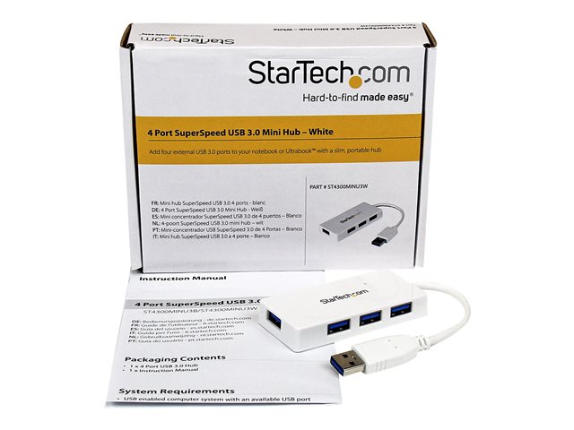StarTech.com 4 Port USB 3.0 Hub - Multi Port USB Hub w/ Built-in Cable - Powered USB 3.0 Extender for Your Laptop - White (ST4300MINU3W) - Hub - 4 x SuperSpeed USB 3.0 - desktop - for P/N: FCREADMICRO3, MSDREADU2OTG, MSDREADU3CA