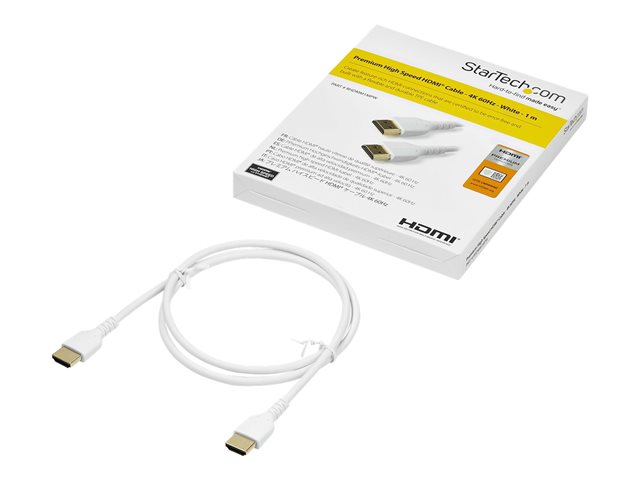 StarTech.com 1m Premium Certified HDMI 2.0 Cable with Ethernet, Durable High Speed UHD 4K 60Hz HDR 10, 3ft Rugged M/M HDMI Cord with Aramid Fiber, TPE, Ultra HD Monitors, TVs & Displays - Heavy duty HDMI cable - Premium High Speed - HDMI cable with Ethernet - HDMI male to HDMI male - 1 m - white - for P/N: TB3DKM2HDL