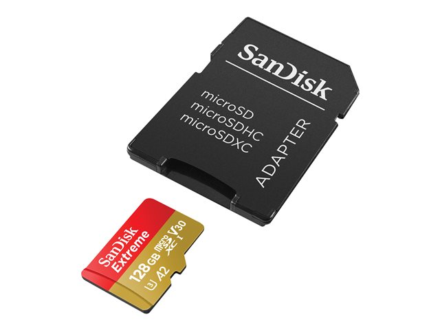 SanDisk Extreme - Flash memory card (microSDXC to SD adapter included) - 128 GB - A2 / Video Class V30 / UHS-I U3 / Class10 - microSDXC UHS-I