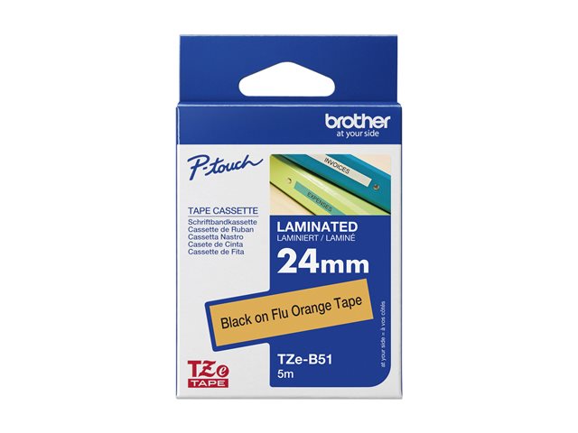 Brother TZe-B51 - Standard adhesive - black on fluorescent orange - Roll (2.4 cm x 5 m) 1 cassette(s) laminated tape - for Brother PT-D600, P-Touch PT-D800, E550, E800, P900, P950, P-Touch Cube Plus PT-P710