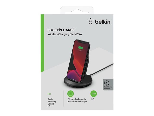 Belkin BoostCharge - Wireless charging pad + AC power adapter - 15 Watt - black - for Apple iPhone 11, 11 Pro, 11 Pro Max, 8, 8 Plus, X, XR, XS, XS Max, Samsung Galaxy Note10, Note10+, S10, S10+, S10e