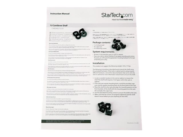 StarTech.com 1U Fixed Server Rack Mount Shelf, 10in Deep Steel Universal Cantilever Tray for 19\" AV/Data/Network Equipment Rack with Cage Nuts & Screws, 44lbs Weight Capacity, 10\" Deep - 1U Network Rack Shelf (CABSHELF1U10) - Rack shelf - black - 1U - 10\"