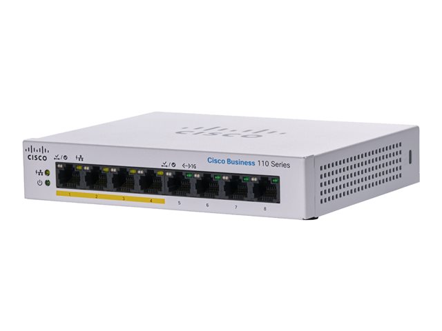 Cisco Business 110 Series 110-8PP-D - Switch - unmanaged - 4 x 10/100/1000 (PoE) + 4 x 10/100/1000 - desktop, rack-mountable, wall-mountable - PoE (32 W) - DC power