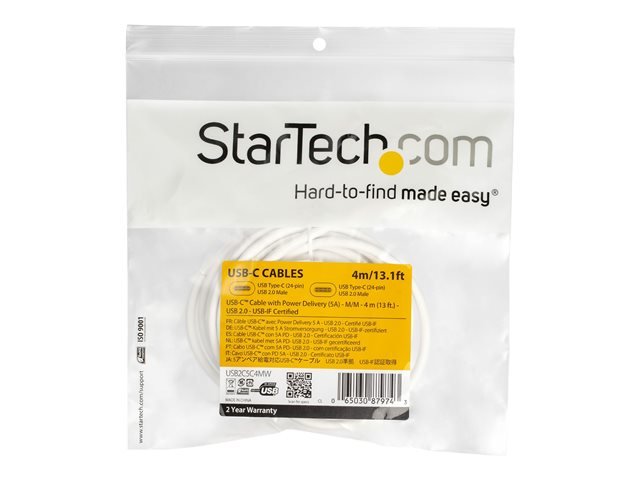StarTech.com USB C to USB C Cable - 13 ft / 4m - 5A PD - M/M - White - USB 2.0 - USB-IF Certified - USB Type C Cable - USB C Charging Cable (USB2C5C4MW) - USB cable - 24 pin USB-C (M) to 24 pin USB-C (M) - USB 2.0 - 5 A - 4 m - white