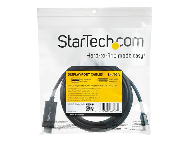 StarTech.com Mini DisplayPort to HDMI Adapter Cable - mDP to HDMI Adapter with Built-in Cable - Black - 3 m (10 ft.) - Ultra HD 4K 30Hz (MDP2HDMM3MB) - Adapter cable - Mini DisplayPort male to HDMI male - 3 m - black - 4K support