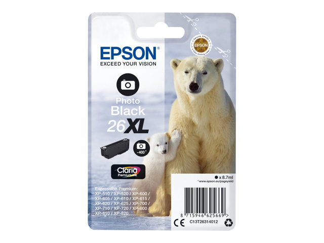 Epson 26XL - 8.7 ml - XL - photo black - original - blister - ink cartridge - for Expression Premium XP-510, 520, 600, 605, 610, 615, 620, 625, 700, 710, 720, 800, 810, 820