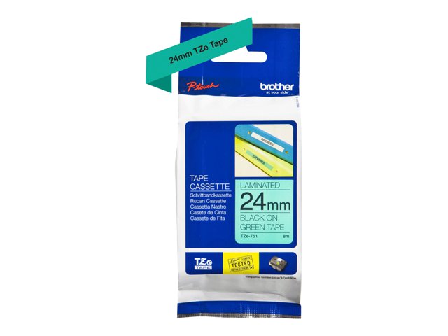 Brother TZe-751 - Black on green - Roll (2.4 cm x 8 m) 1 cassette(s) laminated tape - for Brother PT-D600, P-Touch PT-3600, D800, E550, P750, P900, P950, P-Touch Cube Plus PT-P710