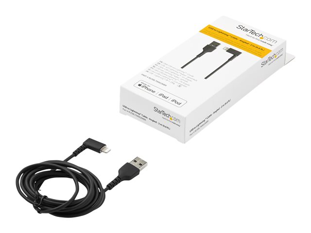 StarTech.com 6ft (2m) Durable USB A to Lightning Cable, Black 90° Right Angled Heavy Duty Rugged Aramid Fiber USB Type A to Lightning Charging/Sync Cord, Apple MFi Certified, iPhone 12 Pro - iPhone 7/8/11/11 Pro - Lightning cable - Lightning male angled to USB male - 2 m - double shielded - black
