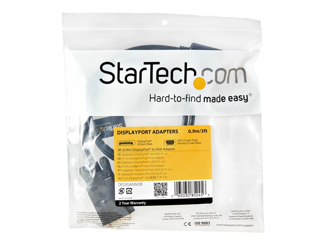 StarTech.com 3ft DisplayPort to VGA Adapter Cable - 1920x1200 - Active DisplayPort (DP) Computer or Laptop to VGA Monitor or TV Display (DP2VGAMM3B) - Adapter cable - DisplayPort (M) latched to HD-15 (VGA) (M) - DisplayPort 1.2 - 1 m - active, 2048 x 1280 support 60Hz - black