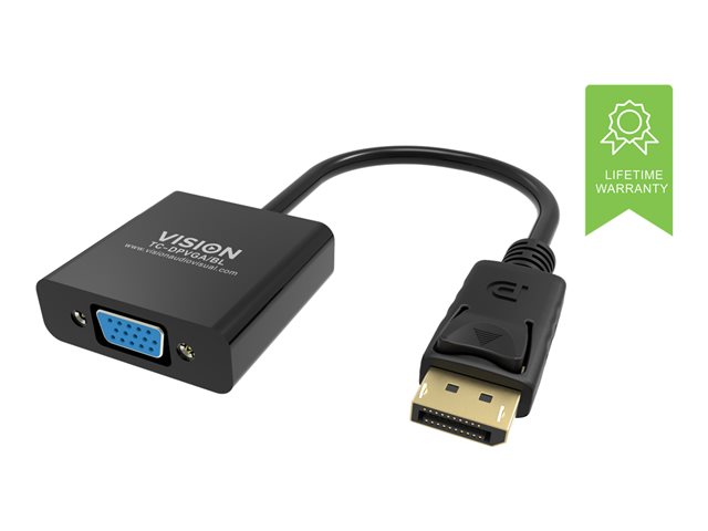 VISION Professional installation-grade DisplayPort to VGA adaptor - LIFETIME WARRANTY - maximum resolution 1920 x 1080 - does not convert VGA to DP - hotplug - DP (M) to VGA (F) - overall length 150 mm - outer diameter 5.5 mm - 32 AWG - black