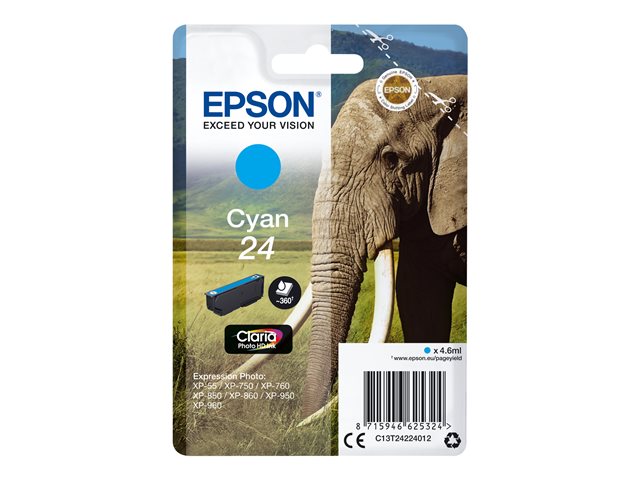 Epson 24 - 4.6 ml - cyan - original - ink cartridge - for Expression Photo XP-55, 750, 760, 850, 860, 950, 960, 970, Expression Premium XP-750, 850
