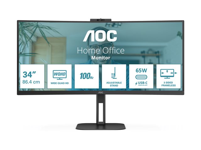 AOC Value-line CU34V5C/BK - V5 series - LED monitor - curved - 34\" - 3440 x 1440 WQHD @ 100 Hz - VA - 300 cd/m² - 3000:1 - 4 ms - HDMI, DisplayPort, USB-C - speakers - matte black
