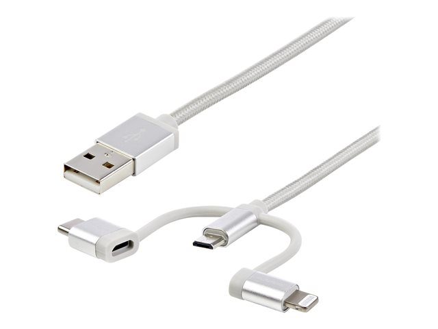 StarTech.com USB Multi Charging Cable - 3.3 ft / 1m - Lightning / USB-C / Micro-USB - Braided - MFi Certified - USB 2.0 - 3 in 1 Charging (LTCUB1MGR) - USB cable - USB (M) to Micro-USB Type B, Lightning, 24 pin USB-C (M) - 1 m - silver