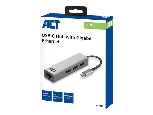 ACT USB-C to USB-A Hub 3 ports with Gigabit Ethernet, metal housing (retail)