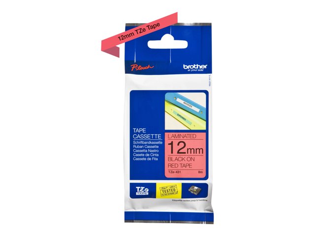 Brother TZe-431 - Black on red - Roll (1.2 cm x 8 m) 1 cassette(s) laminated tape - for Brother PT-P750, P950, P-Touch PT-E310, P-Touch Cube PT-P300, P-Touch Cube Pro PT-P910