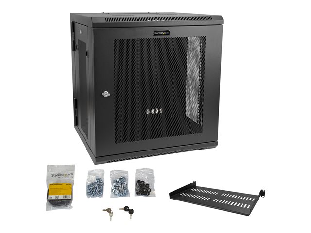 StarTech.com 12U 19\" Wall Mount Network Cabinet, 20\" Deep 4 Post Hinged Locking IT Computer Equipment Enclosure with Shelf, Flexible Vented Switch Depth Data Rack Cisco 3850, 2960 Series - 12U Vented Cabinet (RK1224WALHM) - Rack enclosure cabinet - wall mountable - black - 12U