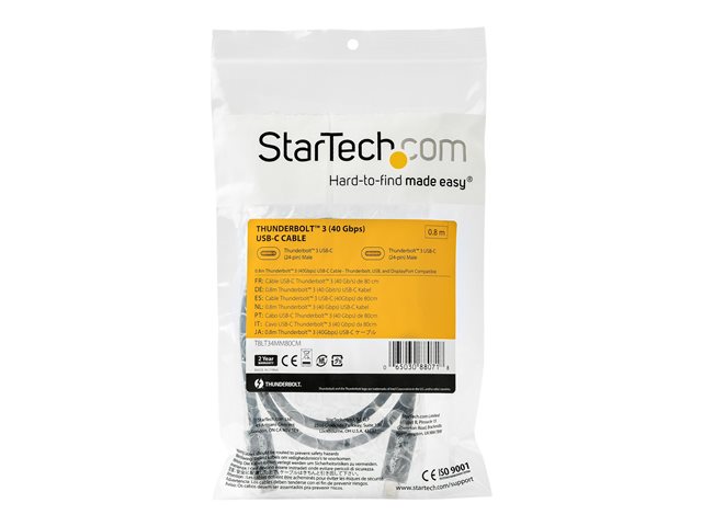 StarTech.com 2.6ft (80cm) Thunderbolt 3 Cable, 40Gbps, 100W PD, 4K/5K Video, Thunderbolt-Certified, Compatible w/ TB4/USB 3.2/DisplayPort - Thunderbolt cable - 24 pin USB-C (M) to 24 pin USB-C (M) - Thunderbolt 3 / USB / DisplayPort - 80 cm - 4K support, 5K support - black - for P/N: PEXUSB321C