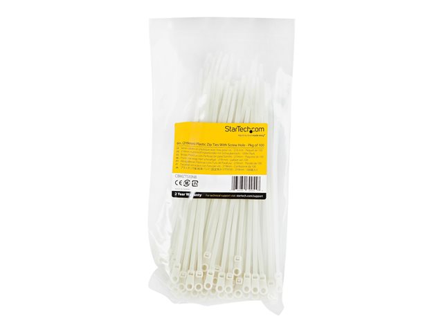 StarTech.com 20cm(8\") Cable Ties with Mounting Hole, 4mm(1/8\") wide, 52mm(2\") Bundle Diameter, 22kg(50lb) Tensile Strength, Nylon 66 Self Locking Ties with Screw Hole, UL Listed, 100 Pack - UL94 V-2 Rated - TAA (CBMZTS10N8) - Cable tie - 21.9 cm - white - TAA Compliant (pack of 100)
