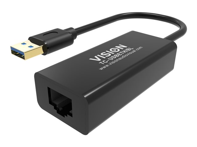 VISION Professional installation-grade USB-A to RJ45 Ethernet network adapter - LIFETIME WARRANTY - 100/1000 mbps - fast ethernet mac - supports suspend/resume detection logic and control endpoint - USB-A 3.0 (M) to shielded RJ45 (F) - driver on USB adaptor - black