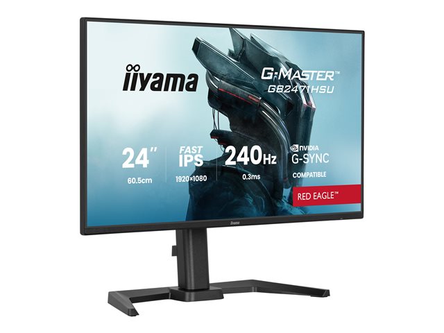 24\"WIDE LCD, G-Master Red Eagle, 1920 x 1080, 240 Hz Fast IPS panel, LED Bl., USB-Hub (1xOut v3.2 + 1xUSB-C(5 Watt)), Pivot, Height Adjust.(15cm), 350 cd/m², 1000:1 Static Contrast, 80.000.000:1 ACR, Speakers, DisplayPort(G-SYNC Compatible), HDMI(2x)