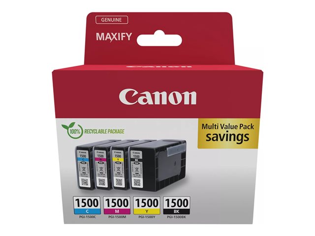Canon PGI-1500 BK/C/M/Y Multipack - 4-pack - black, yellow, cyan, magenta - original - ink tank - for MAXIFY MB2050, MB2150, MB2155, MB2350, MB2750, MB2755